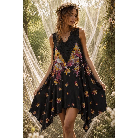 Free People Dresses & Skirts - Free People Marsha Floral Lace Mini Slip Dress Black Rayon Boho Fairy Ethereal